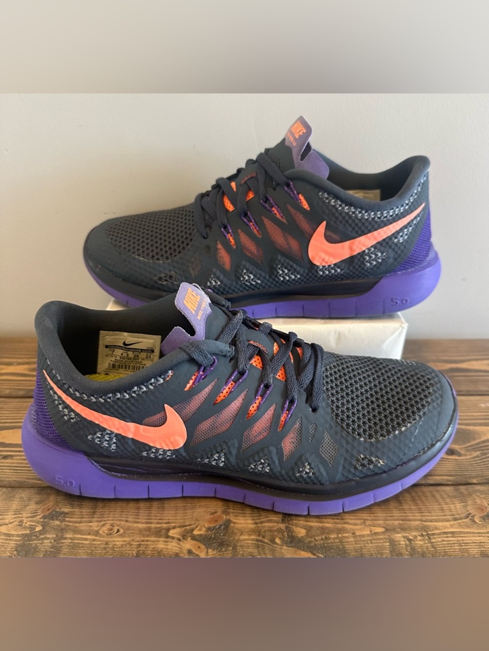 Nike Free 5.0 Shoes Dark Magnet Grey, Bright Mango, and Hyper Grape Women’s 7